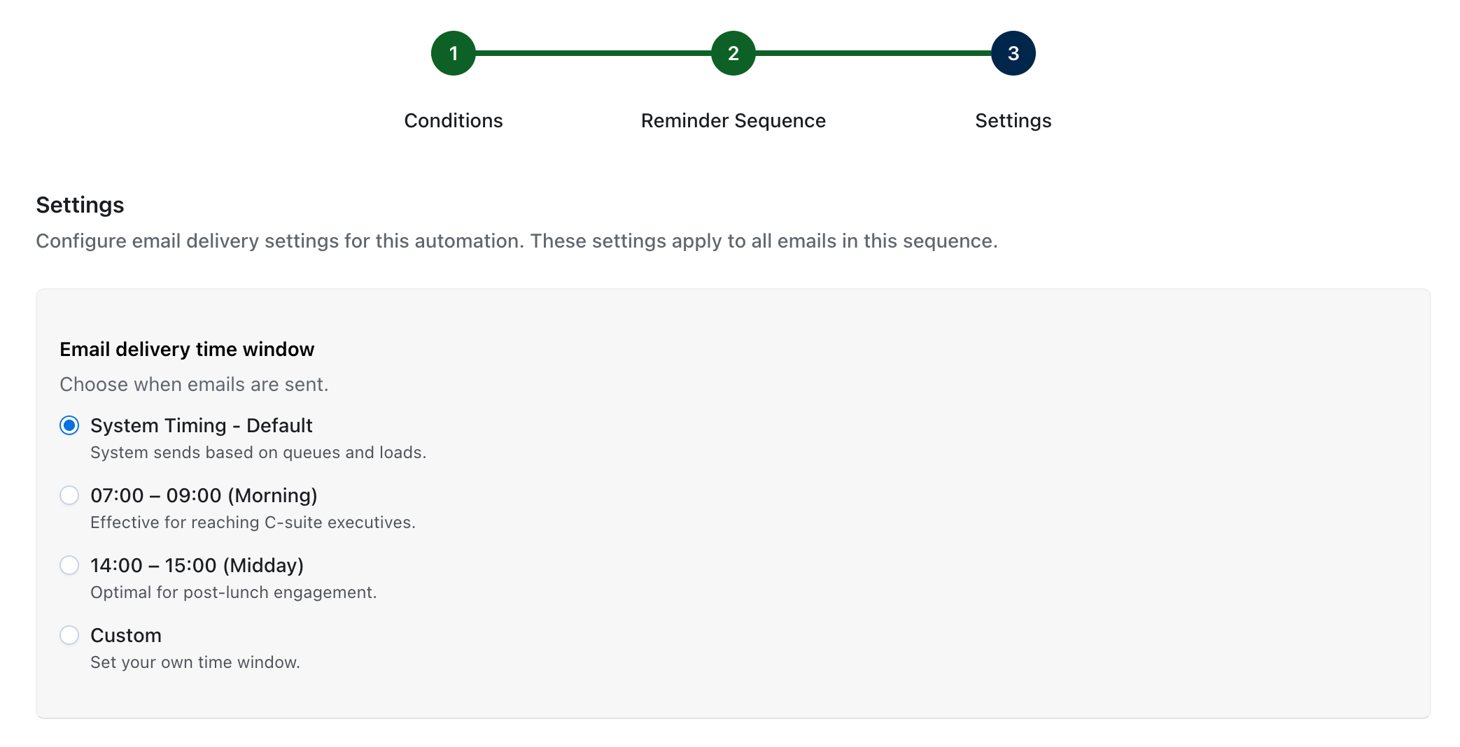 Delivery settings with send-time windows for reminder emails