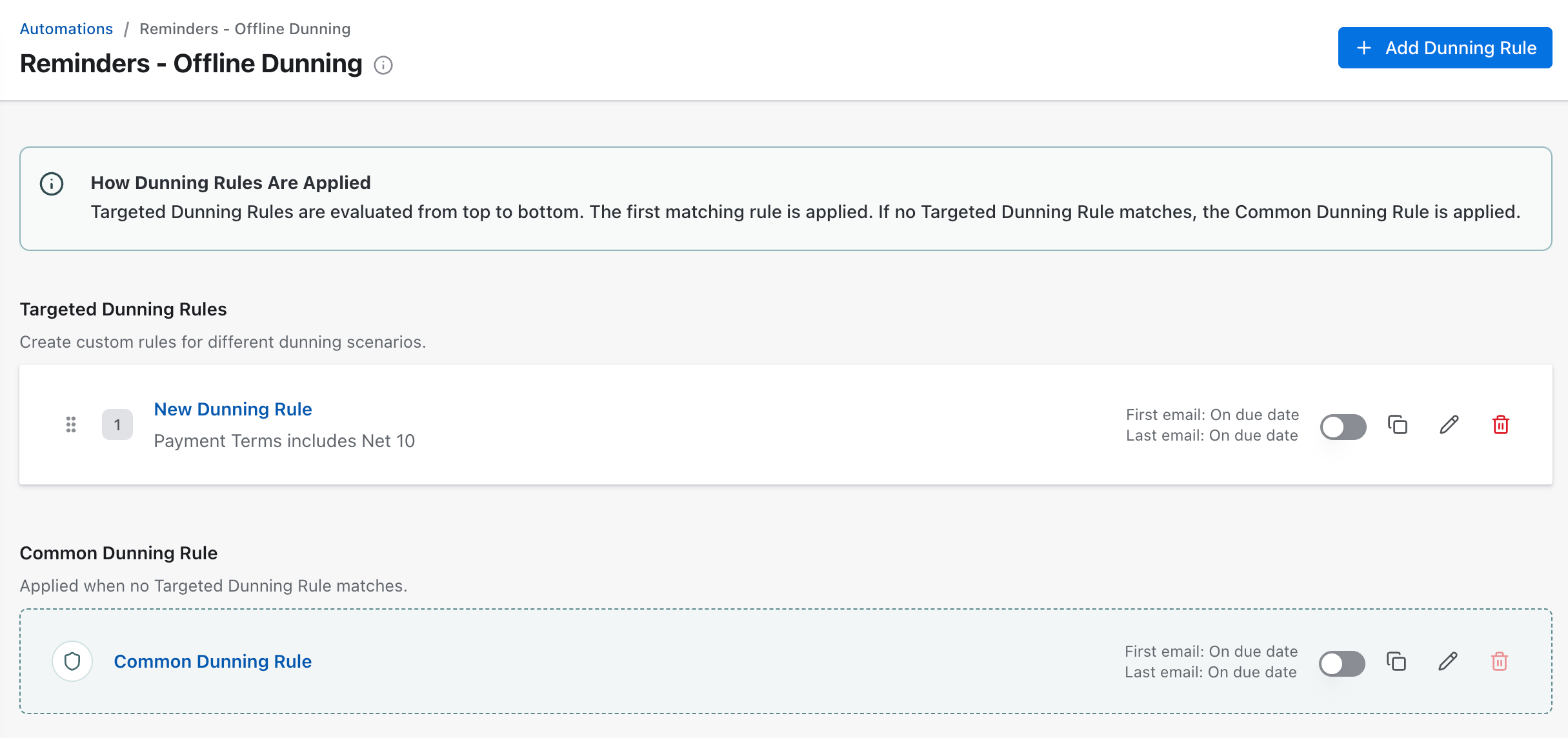 Drafts and published dunning rules on the Automations list
