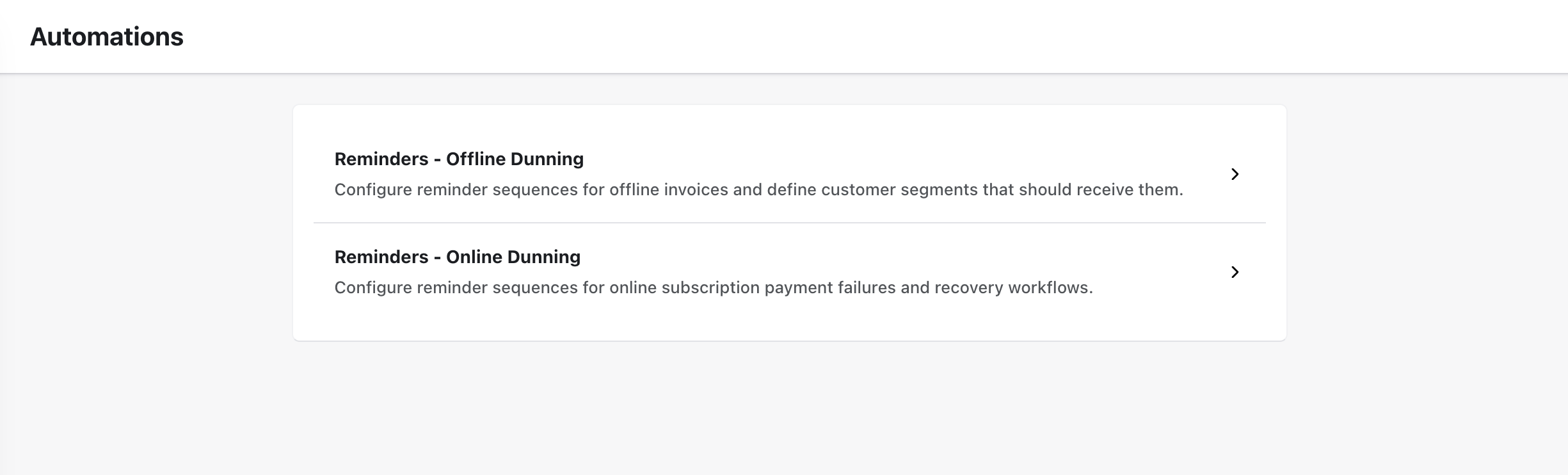 Reminders - Offline Dunning and Reminders - Online Dunning on the Automations page