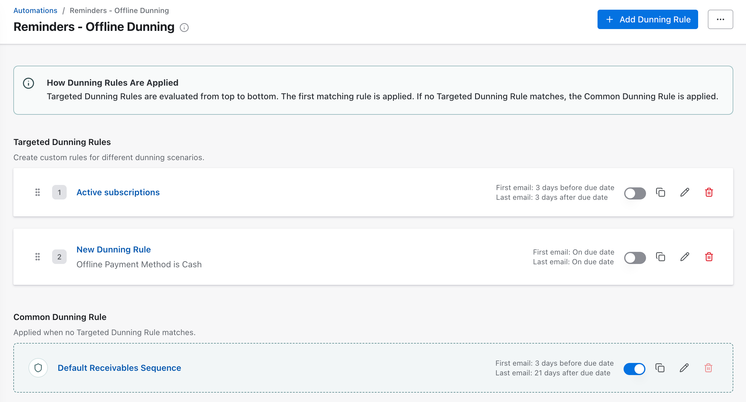 Automations rule list with Targeted Dunning Rules and the Common Dunning Rule