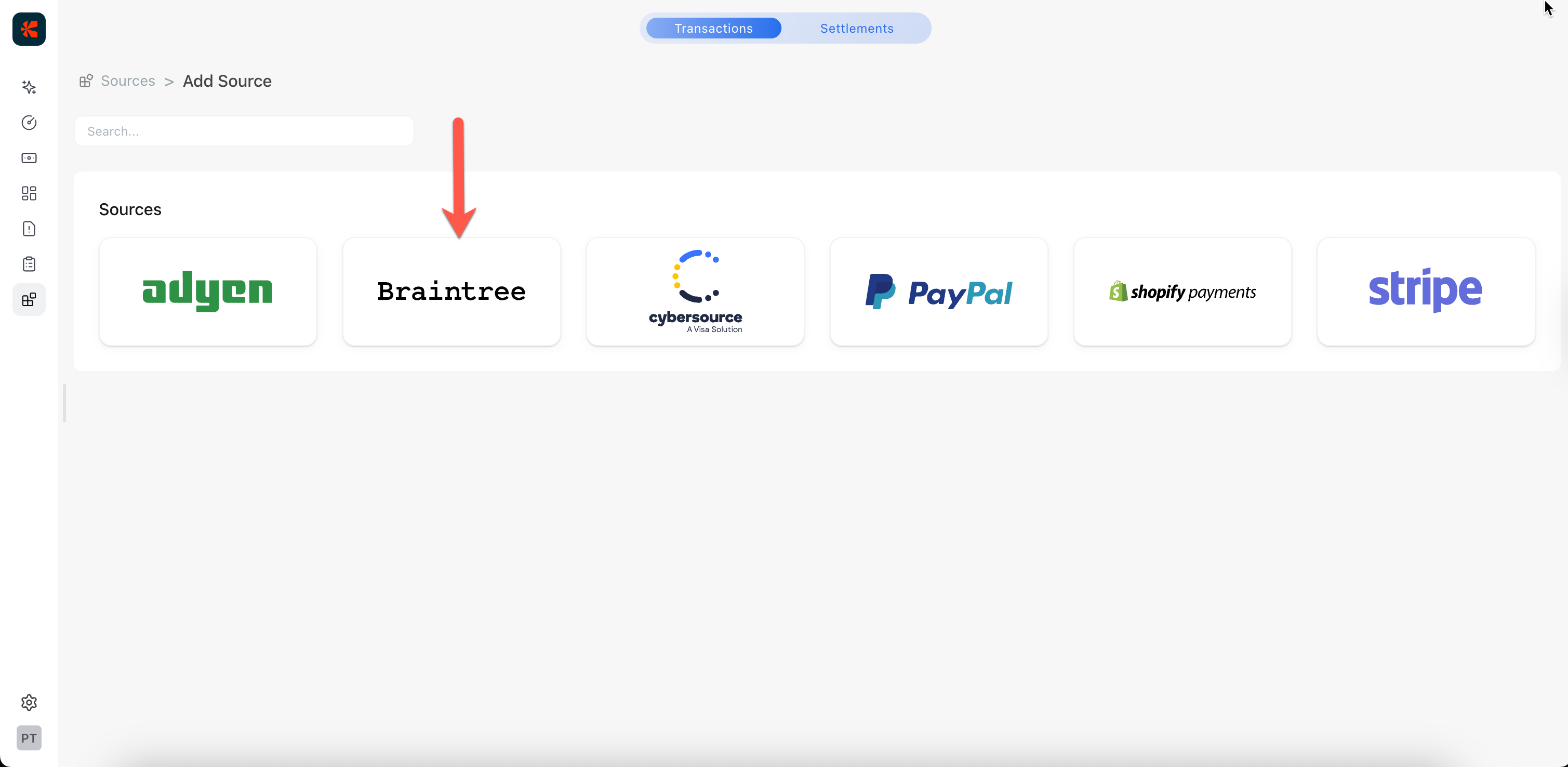 Reveal Transactions Add source page showing Braintree selected from the list of payment gateways.