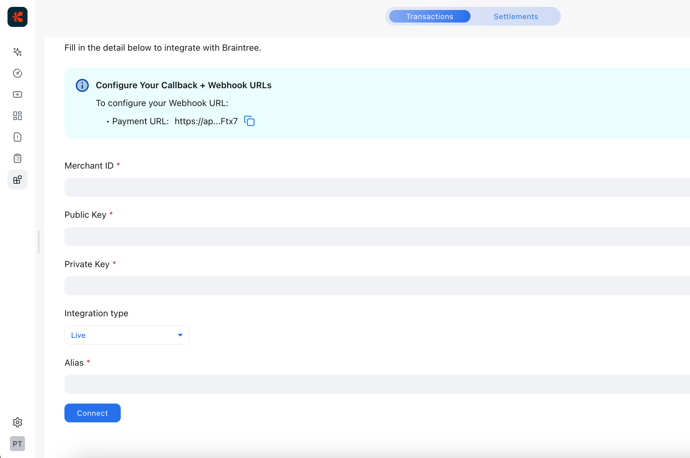 Reveal Transactions Add source page showing Braintree selected from the list of payment gateways.