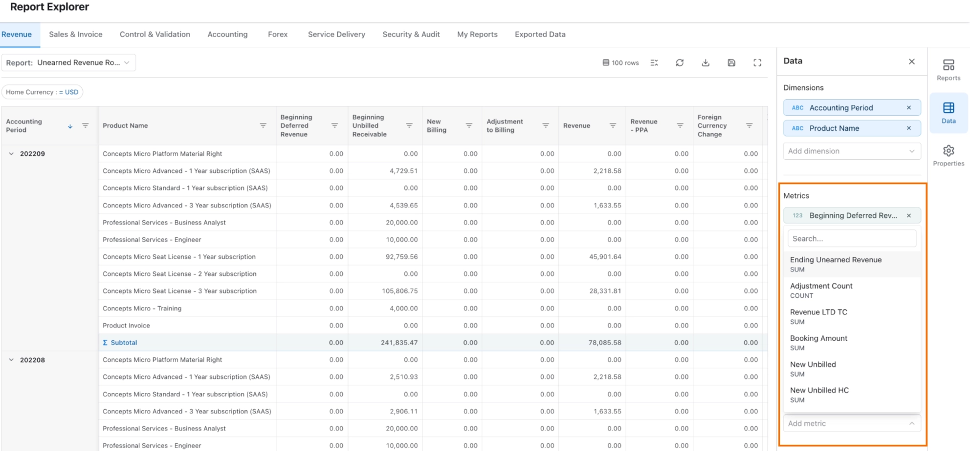 Add metrics dropdown in the Data panel