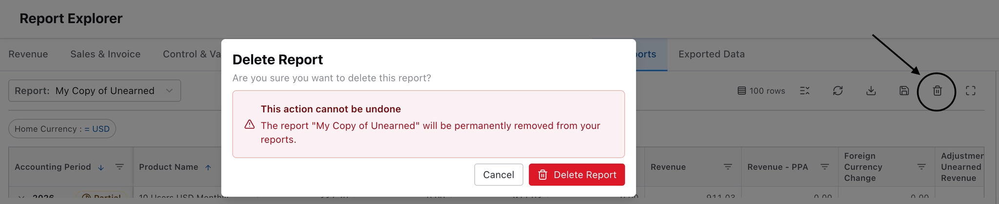 Delete Report confirmation popup