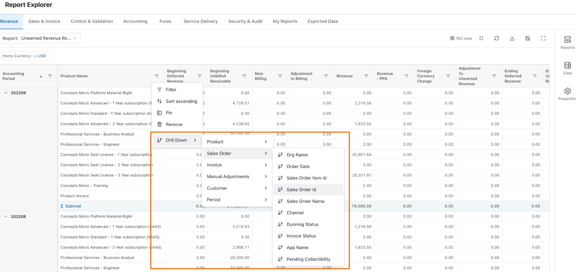 Drill Down option in a column's actions menu