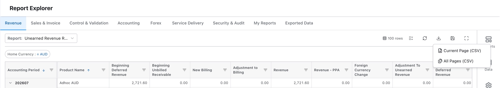 Download menu with Current Page and All Pages CSV options