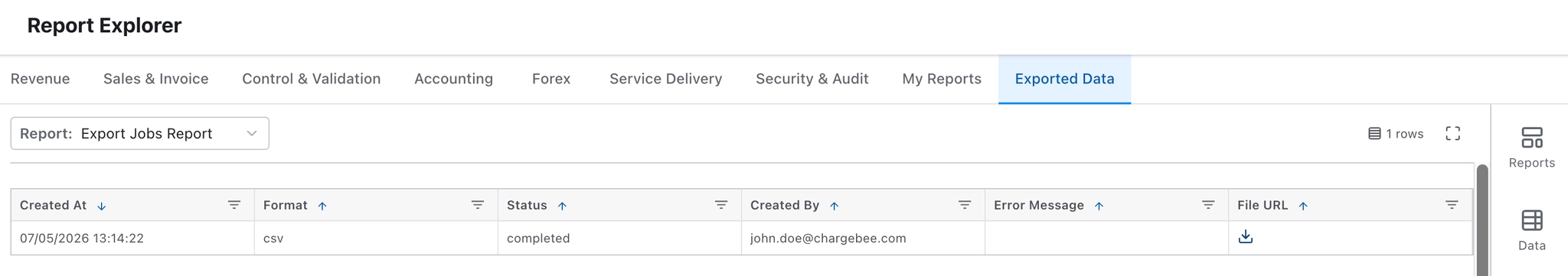 Exported Data tab listing export jobs and file URLs