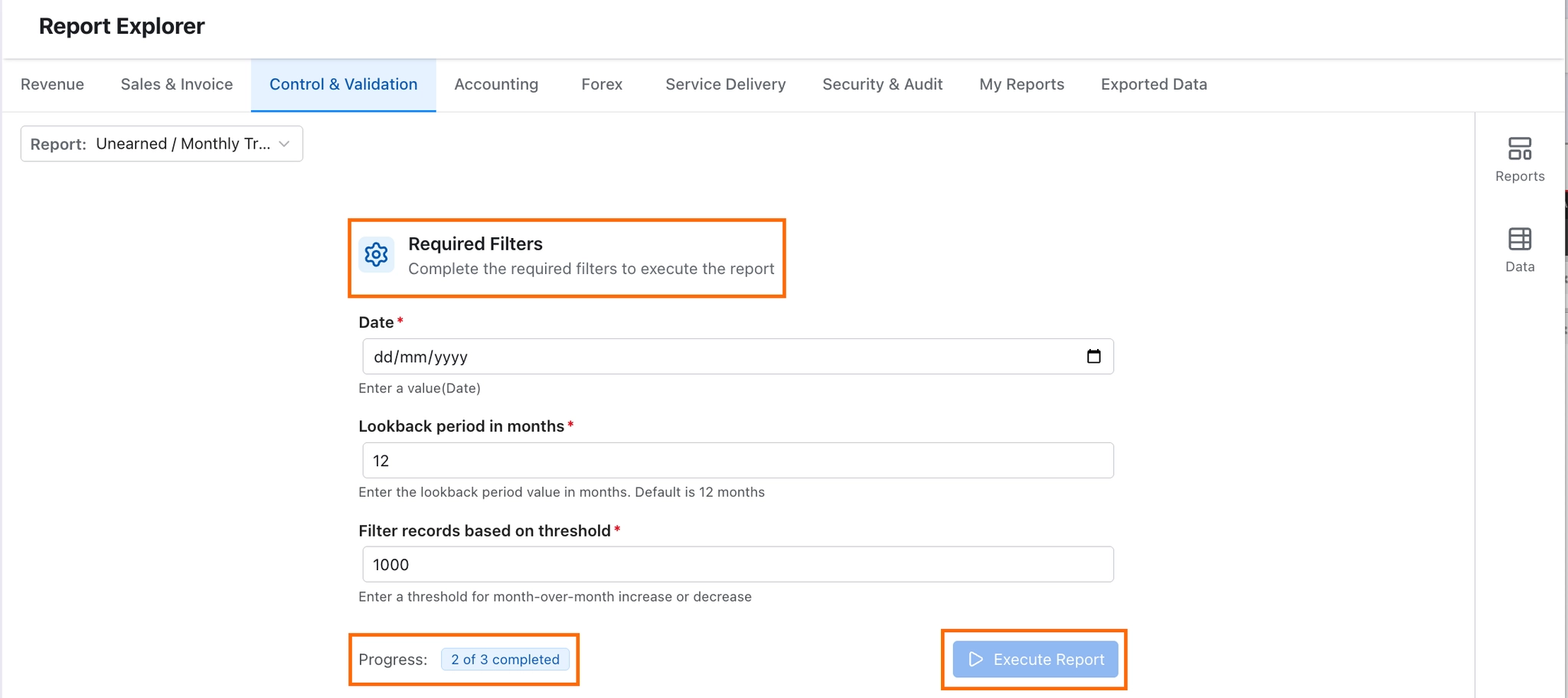 Required Filters page for a Monthly Trend report