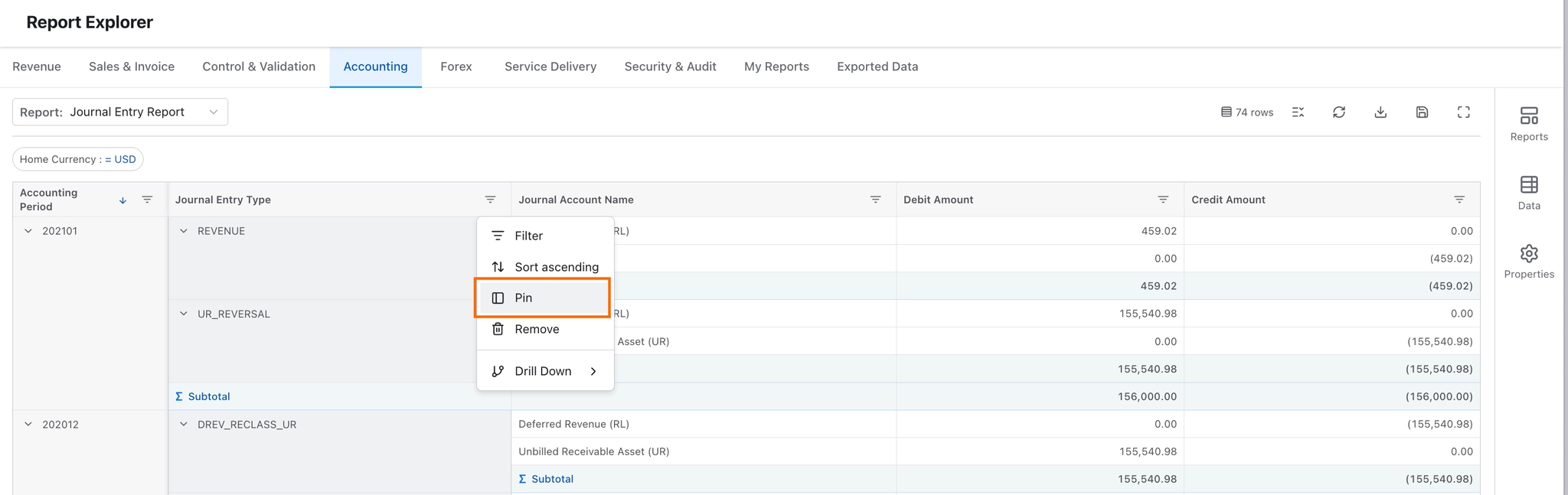 Pin option in a column's actions menu