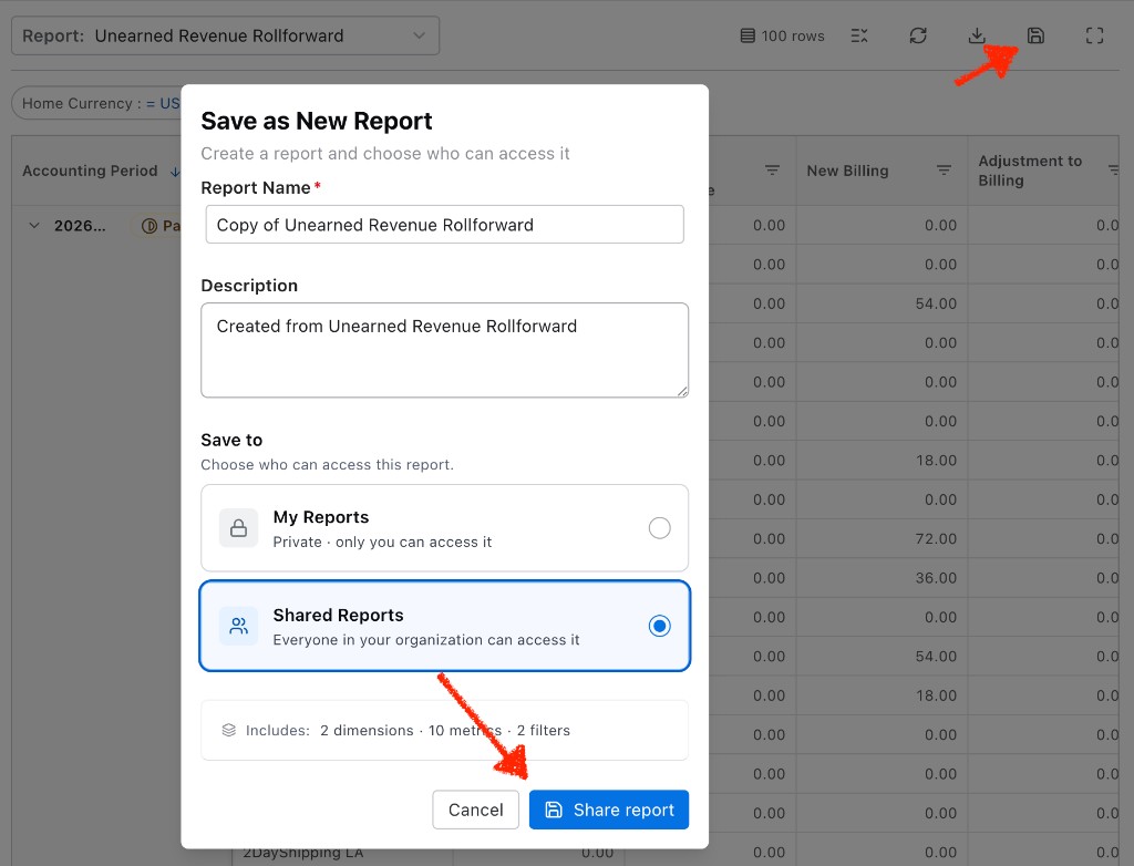 Save as New Report popup with Save to My Reports or Shared Reports