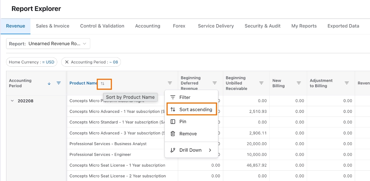 Sort options in a column's actions menu