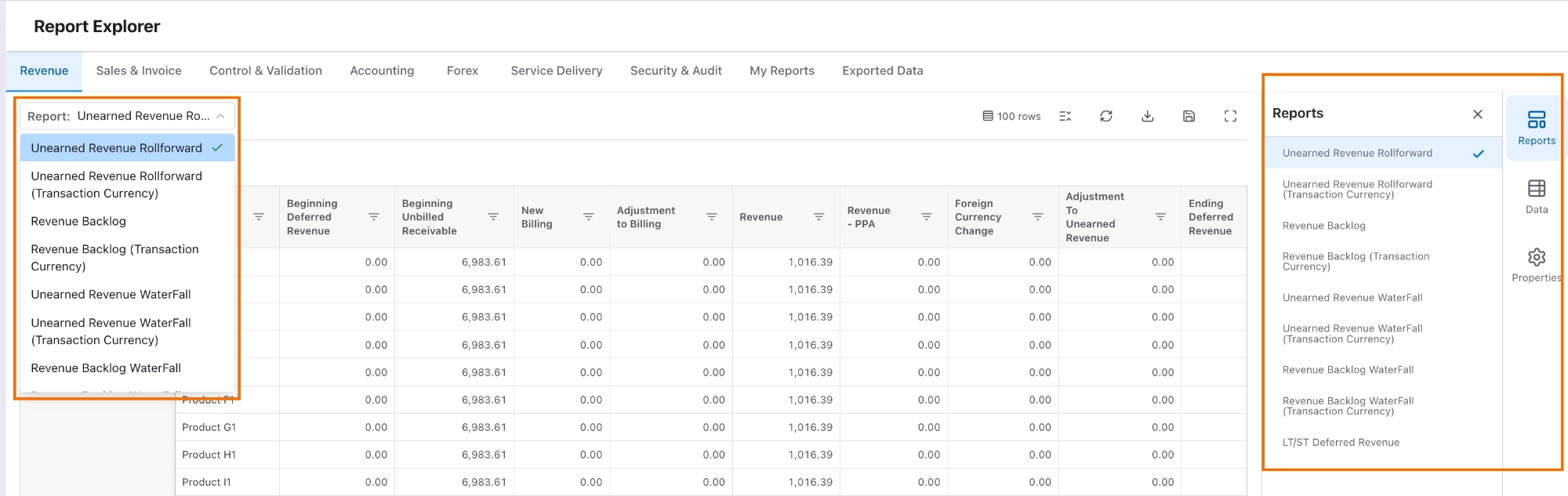 Reports panel listing every report in the category