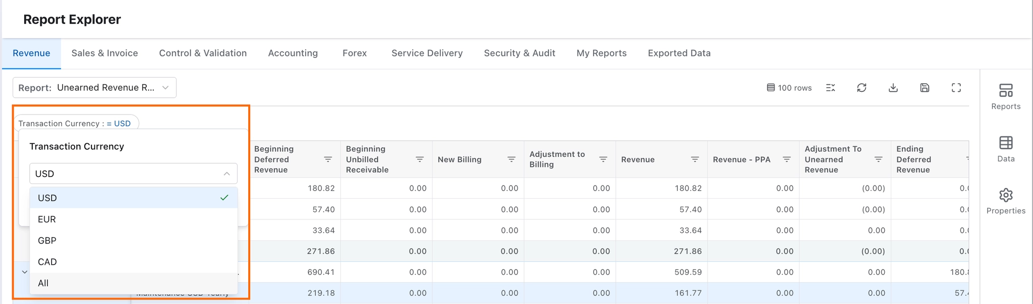 Transaction Currency filter dropdown