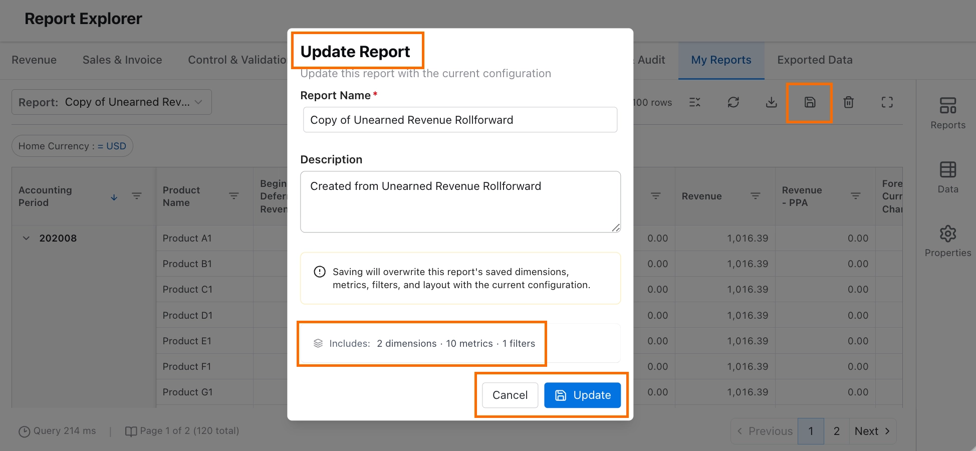 Update Report popup