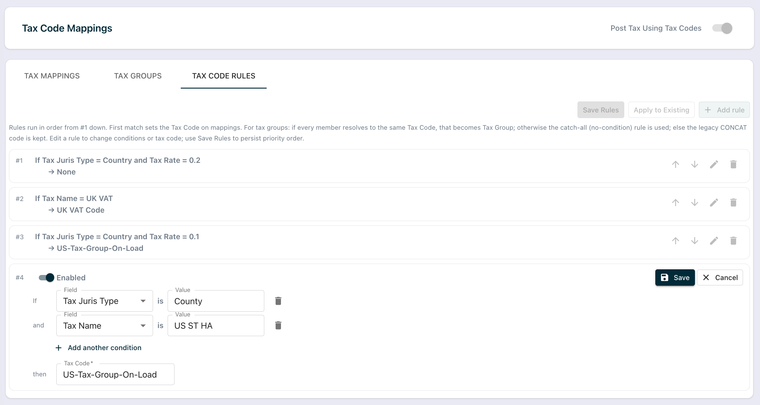 Add Rule form with tax code and conditions
