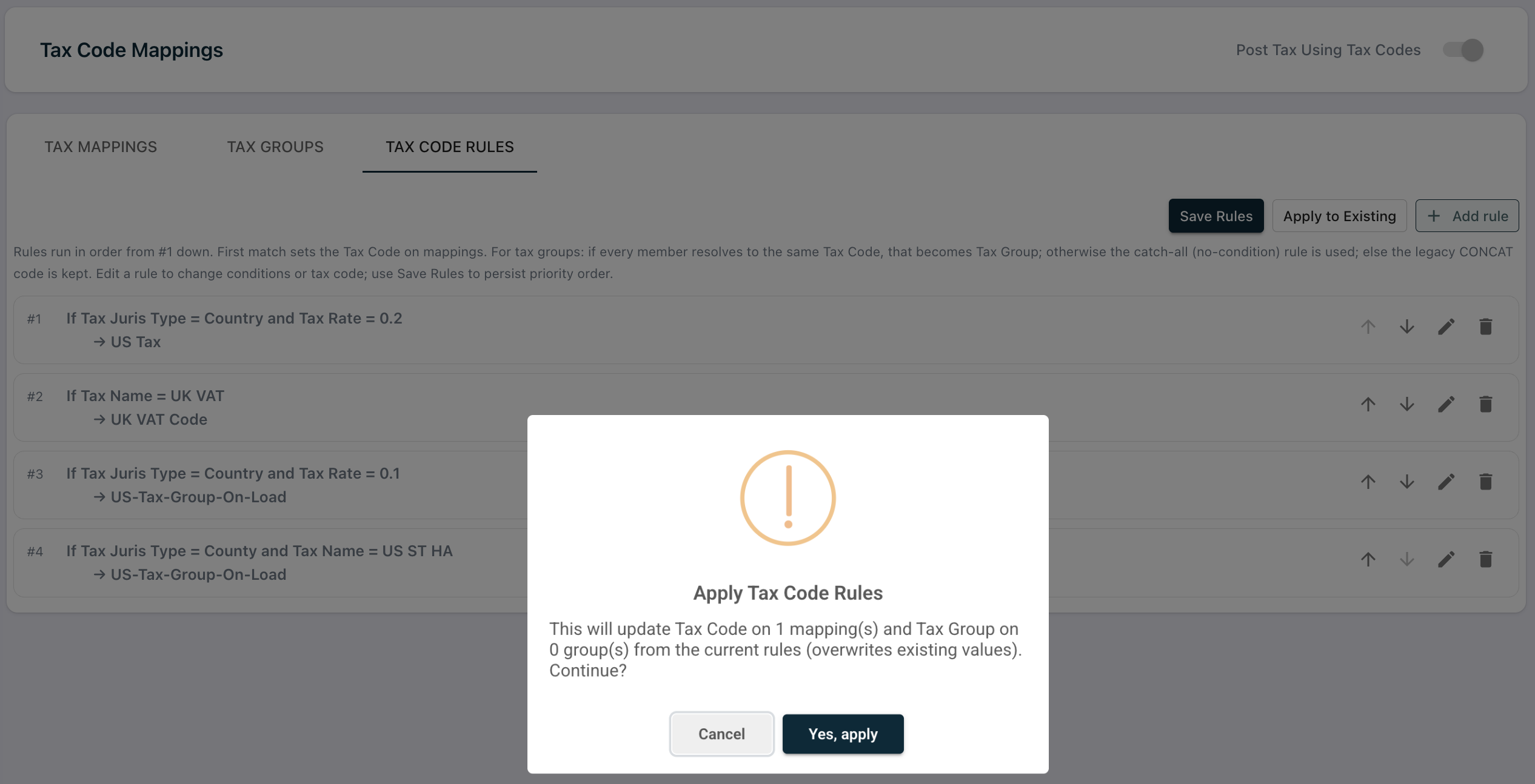 Apply to Existing confirmation with the number of mappings and tax groups that will change