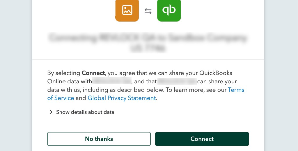 QuickBooks authorization window with the Connect button