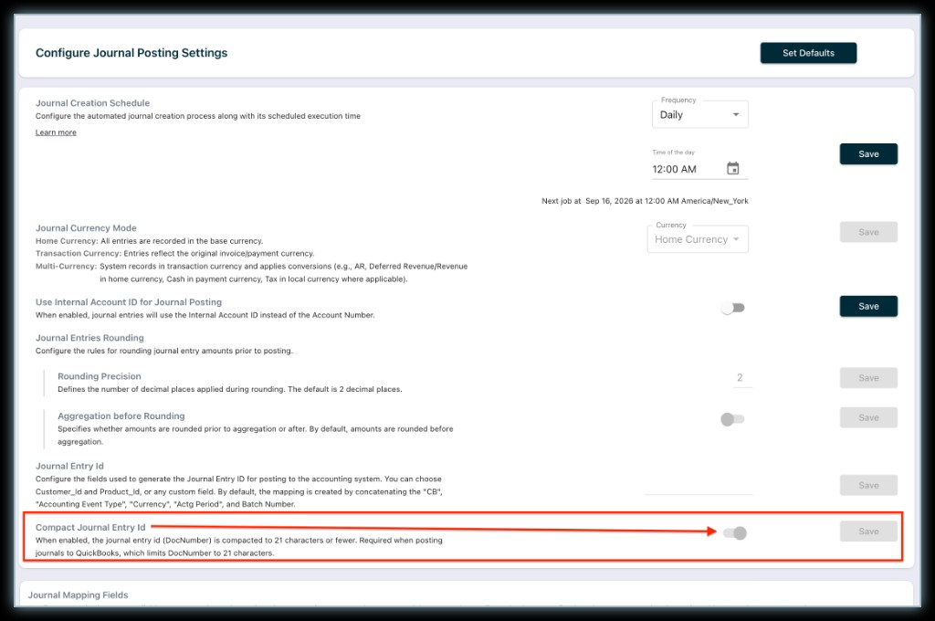 Compact Journal Entry Id on Configure Journal Posting Settings