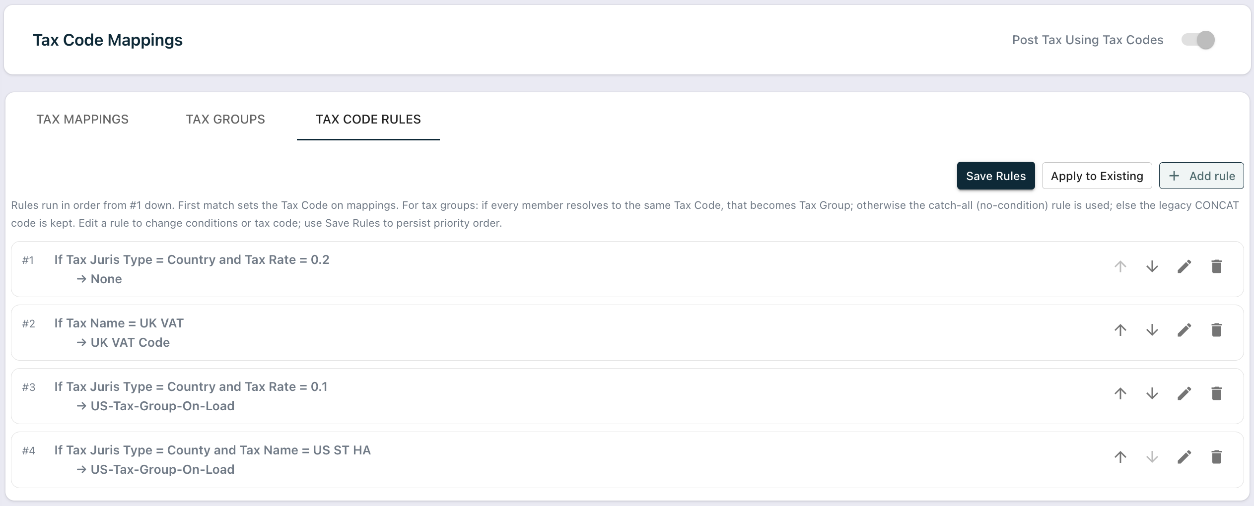 Tax Code Rules tab next to Tax Mapping and Tax Group