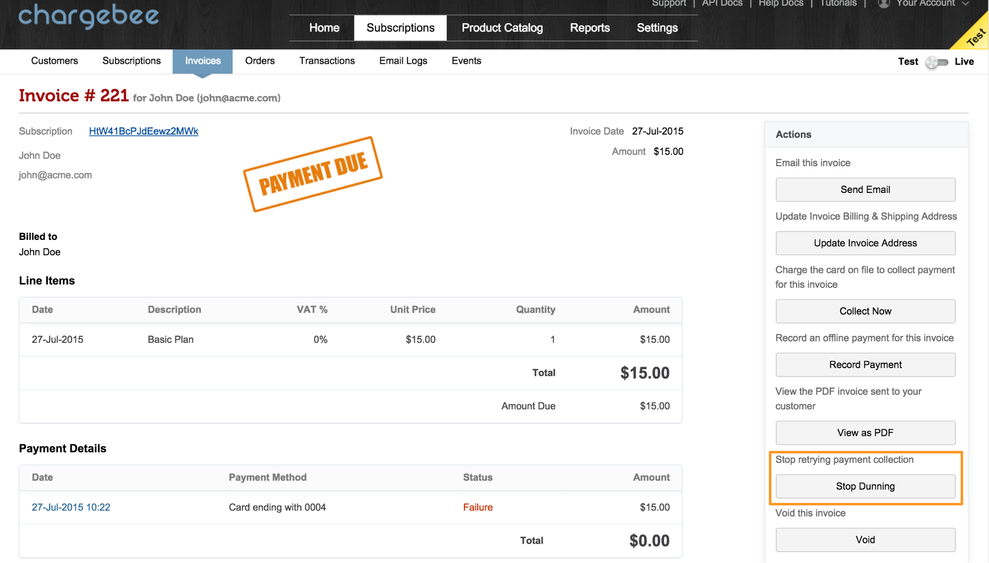 option to stop dunning for an invoice