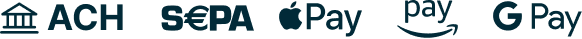 Supported payment methods including ACH, SEPA, Apple Pay, and Google Pay