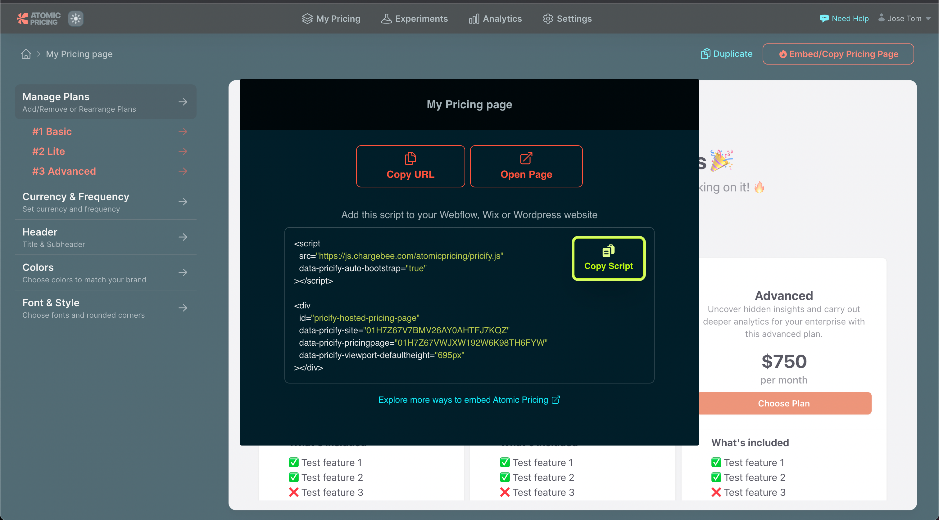 Atomic Pricing Page Embed Script