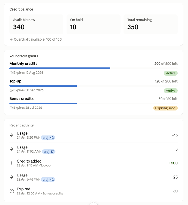 Example customer portal widgets showing credit balance, grant breakdown, and recent transactions.