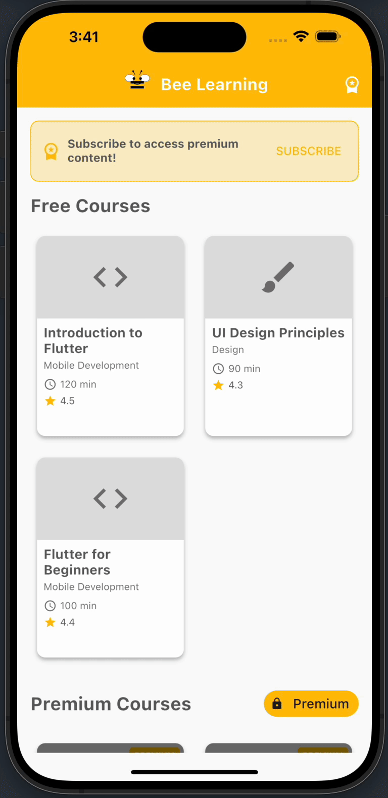 App screen showcasing subscription prompt and available courses