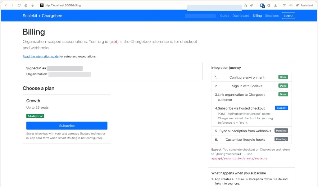 Reference app billing page showing the Growth plan and organization-scoped hosted checkout step