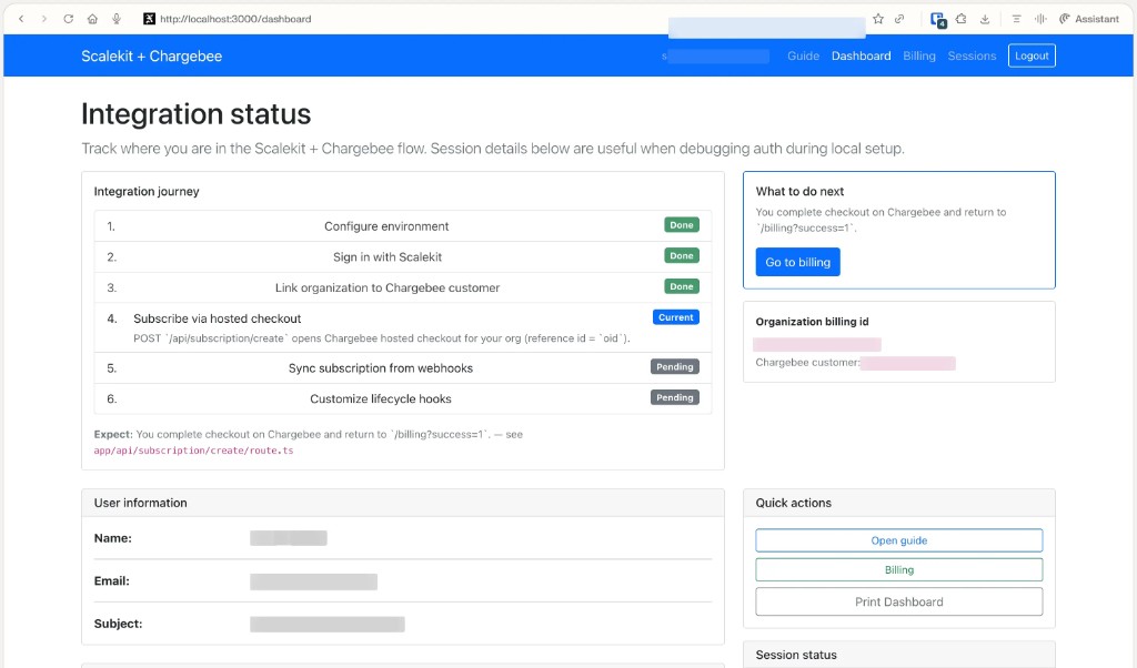 Scalekit and Chargebee reference app dashboard showing the first three integration steps complete and the hosted checkout step current