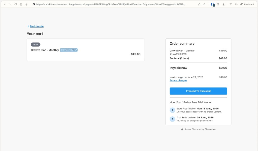 Chargebee hosted cart showing the monthly Growth plan with a 14-day free trial