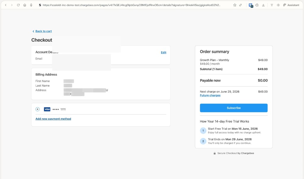 Chargebee hosted checkout showing account details, billing address, payment method, and order summary